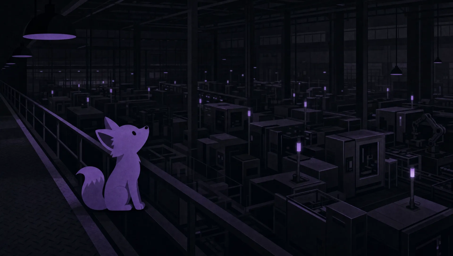 The Xentr fox sitting on a walkway, watching over a dark factory floor lit by violet andon lights